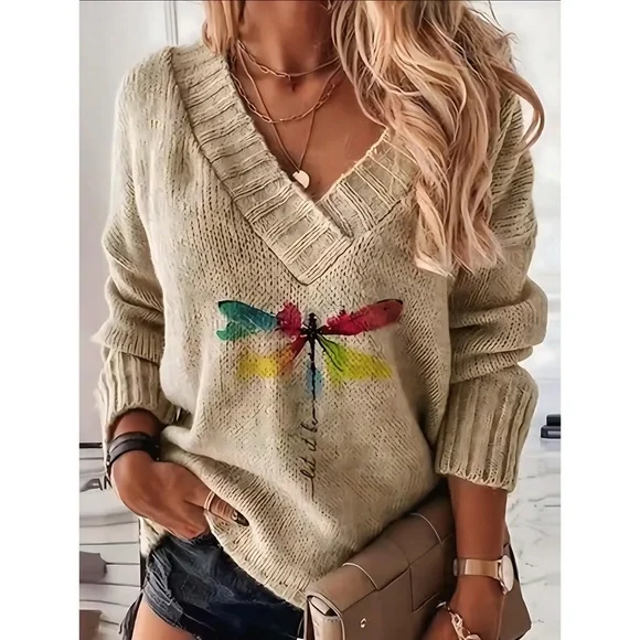 NEW Beige Dragonfly Pattern V Neck Oversized Pullover Sweater -Soft and Cozy! - Picture 1 of 5